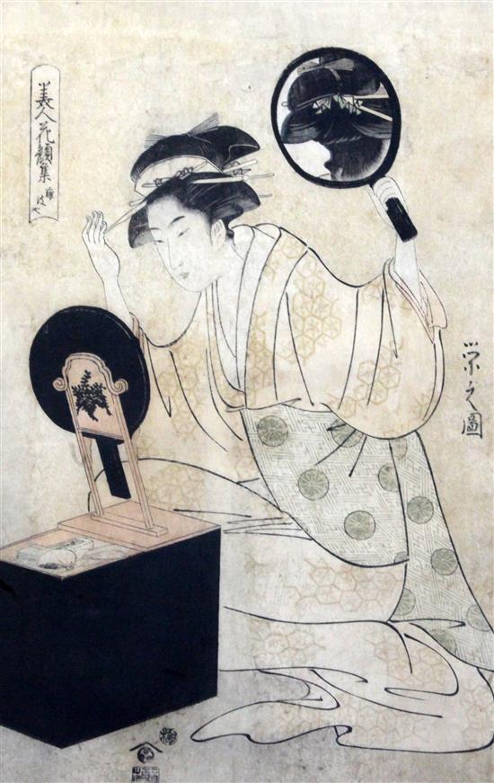 Chobunsai Eishi Geisha dressing her hair, 14.5 x 9.5in.